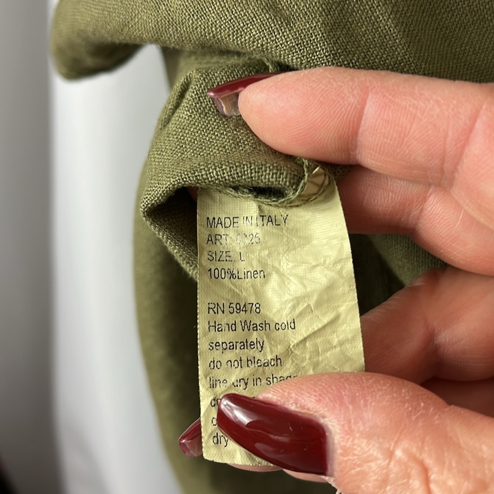 NWT Elena Baldi dress midi linen pockets roll tab sleeves Army Green Sz L - Picture 10 of 10